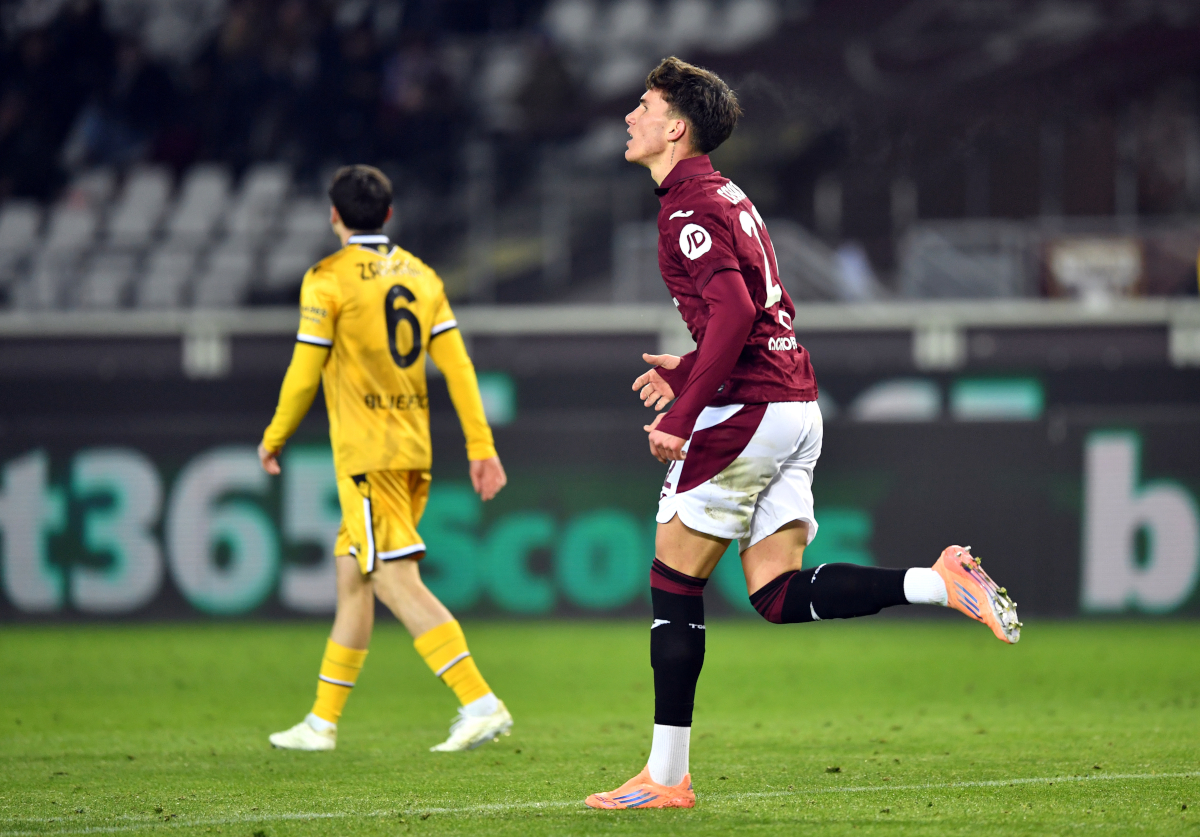 TURIN, ITALY - JANUARY 07: Cesare Casadei of Torino celebrates scoring his team's first goal during the Serie A match between Torino FC and Udinese Calcio at Stadio Olimpico di Torino on January 07, 2026 in Turin, Italy. (Photo by Valerio Pennicino/Getty Images)