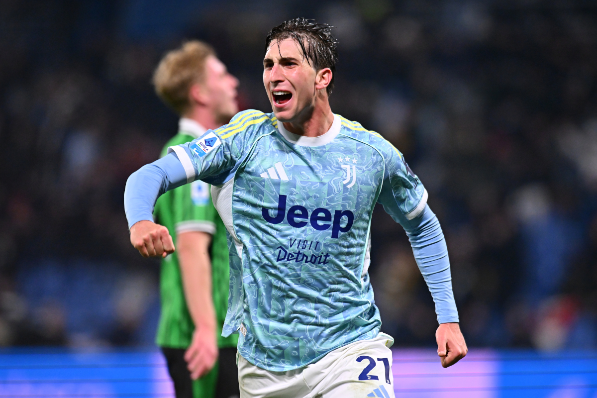 SASSUOLO, ITALY - JANUARY 06: Fabio Miretti of Juventus celebrates scoring his team's second goal during the Serie A match between US Sassuolo Calcio and Juventus FC at Mapei Stadium Citta del Tricolore on January 06, 2026 in Sassuolo, Italy. (Photo by Alessandro Sabattini/Getty Images)