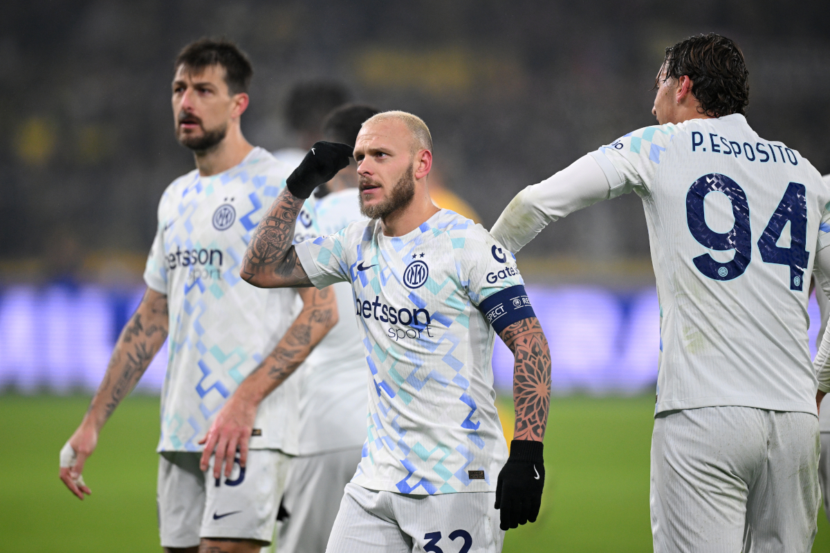 DORTMUND, GERMANY - JANUARY 28: Federico Dimarco of FC Internazionale Milano celebrates scoring his team's first goal during the UEFA Champions League 2025/26 League Phase MD8 match between Borussia Dortmund and FC Internazionale Milano at BVB Stadion Dortmund on January 28, 2026 in Dortmund, Germany. (Photo by Stuart Franklin/Getty Images)