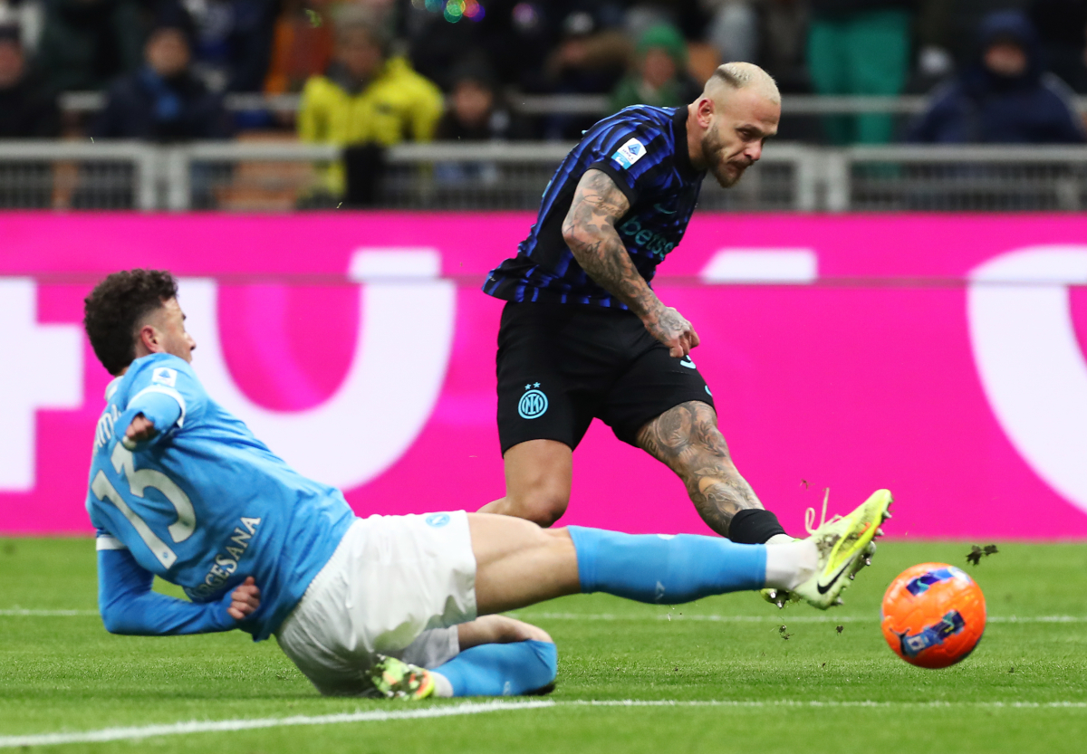MILAN, ITALY - JANUARY 11: Federico Dimarco of FC Internazionale Milano scores his team's first goal during the Serie A match between FC Internazionale and SSC Napoli at Giuseppe Meazza Stadium on January 11, 2026 in Milan, Italy. (Photo by Marco Luzzani/Getty Images)
