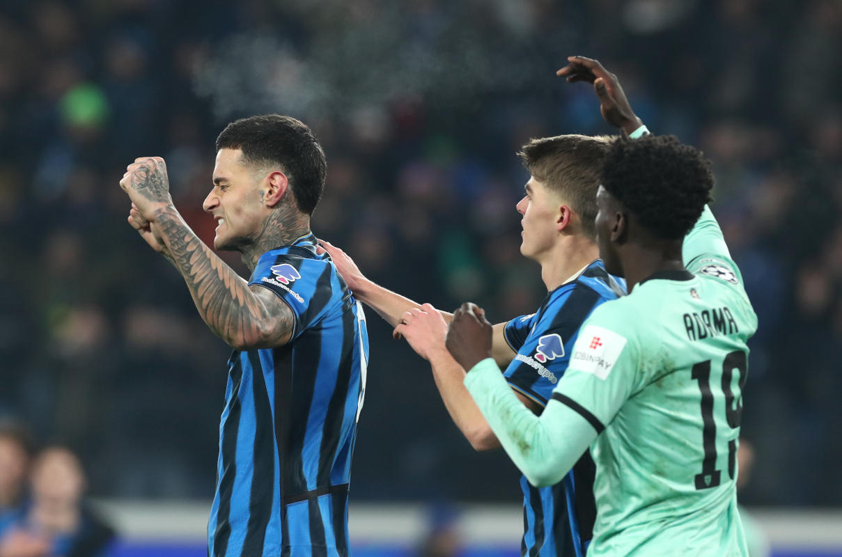 BERGAMO, ITALY - JANUARY 21: Gianluca Scamacca of Atalanta celebrates scoring his team's first goal during the UEFA Champions League 2025/26 League Phase MD7 match between Atalanta BC and Athletic Club at Stadio di Bergamo on January 21, 2026 in Bergamo, Italy. (Photo by Marco Luzzani/Getty Images)