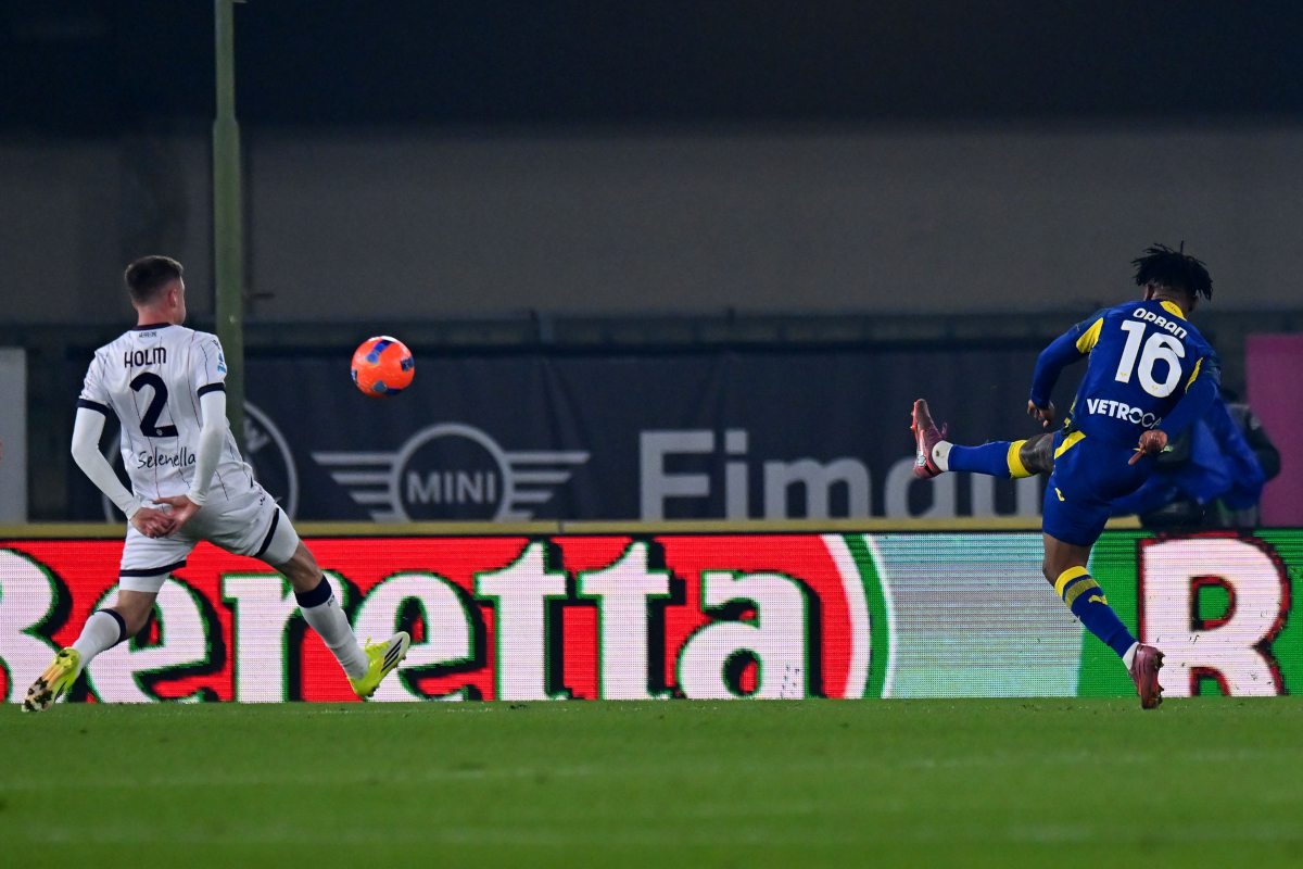 VERONA, ITALY - JANUARY 15: Gift Orban of Hellas Verona scores the opening goal during the Serie A match between Hellas Verona FC and Bologna FC 1909 at Stadio Marcantonio Bentegodi on January 15, 2026 in Verona, Italy. (Photo by Alessandro Sabattini/Getty Images)