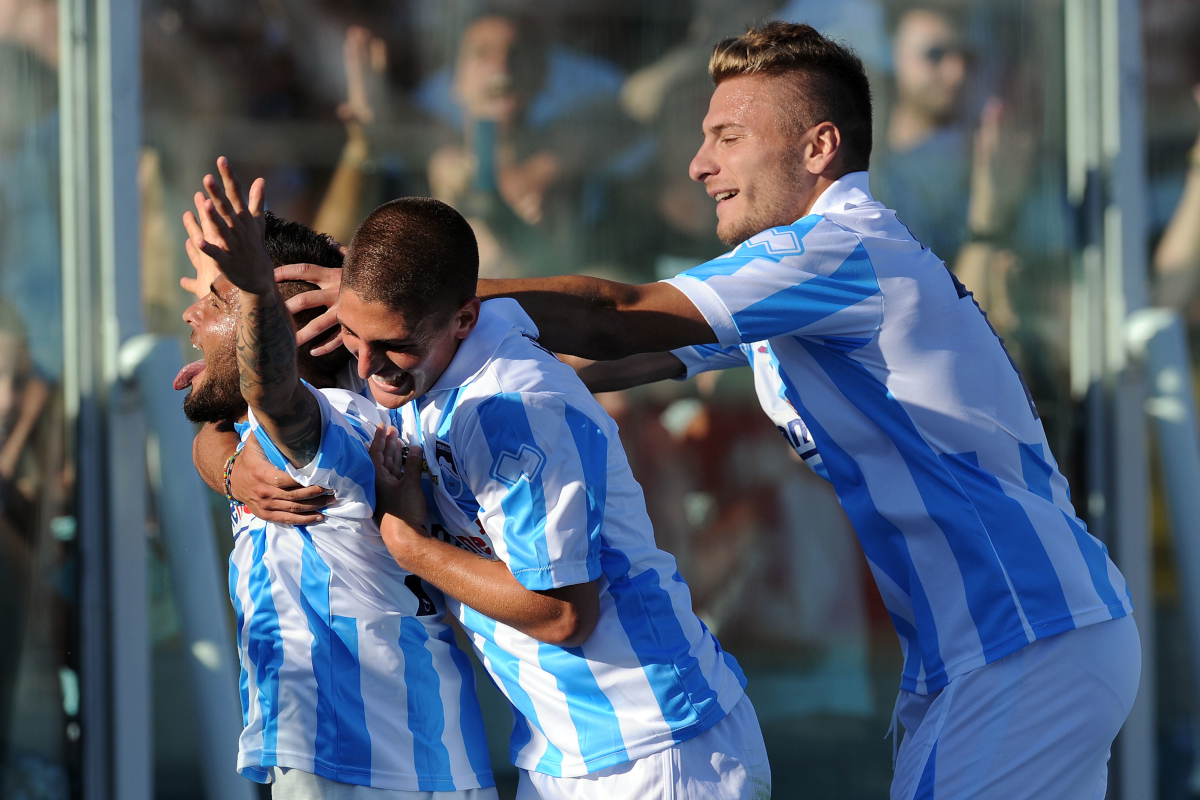 PESCARA, ITALY - MAY 12: Lorenzo Insigne of Pescara celebrates with Marco Verratti and Ciro Immobile after scoring the opening goal during the Serie B match between Pescara Calcio and Torino FC at Adriatico Stadium on May 12, 2012 in Pescara, Italy. (Photo by Giuseppe Bellini/Getty Images)