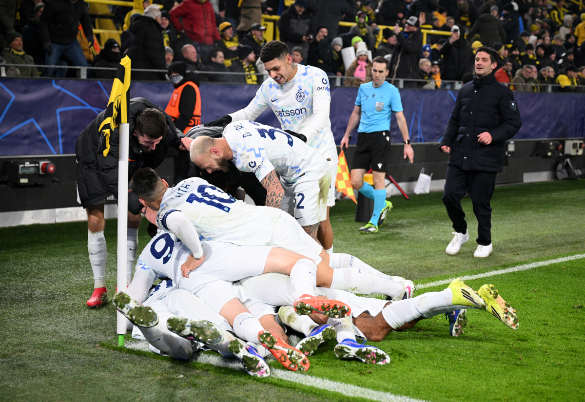 DORTMUND, GERMANY - JANUARY 28: Andy Diouf of FC Internazionale Milano (obstructed) celebrates scoring his team's second goal with teammates during the UEFA Champions League 2025/26 League Phase MD8 match between Borussia Dortmund and FC Internazionale Milano at BVB Stadion Dortmund on January 28, 2026 in Dortmund, Germany. (Photo by Stuart Franklin/Getty Images)