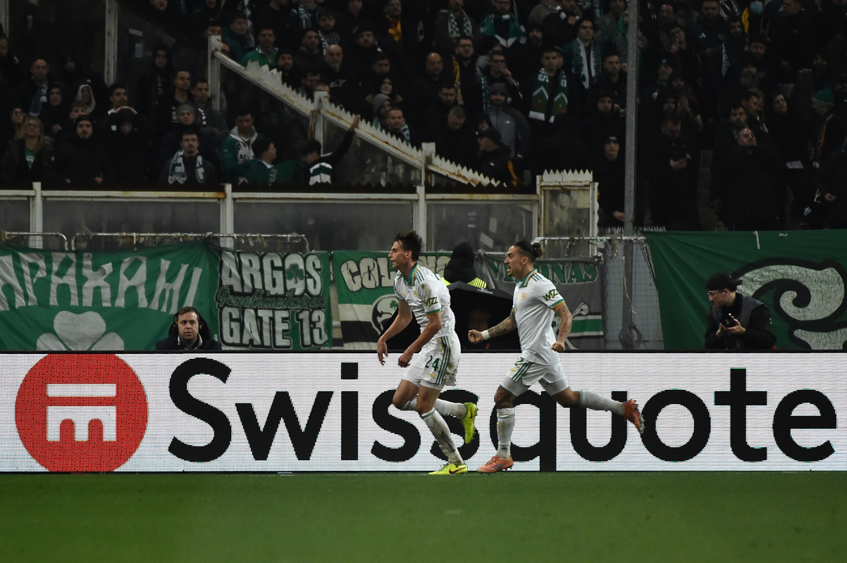 ATHENS, GREECE - JANUARY 29: Jan Ziolkowski of AS Roma celebrates scoring his team's first goal during the UEFA Europa League 2025/26 League Phase MD8 match between Panathinaikos FC and AS Roma at Spyros Louis on January 29, 2026 in Athens, Greece. (Photo by Milos Bicanski/Getty Images)