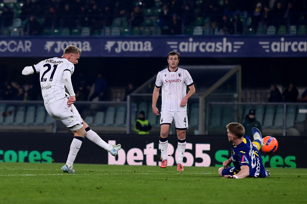 VERONA, ITALY - JANUARY 15: Jens Odgaard of Bologna FC scores his team's second goal during the Serie A match between Hellas Verona FC and Bologna FC 1909 at Stadio Marcantonio Bentegodi on January 15, 2026 in Verona, Italy. (Photo by Alessandro Sabattini/Getty Images)