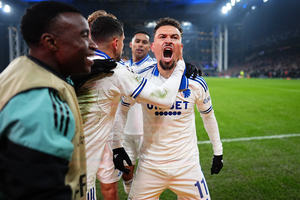 Jordan Larsson celebrates scoring Copenhagen's equaliser against Napoli in the Champions League