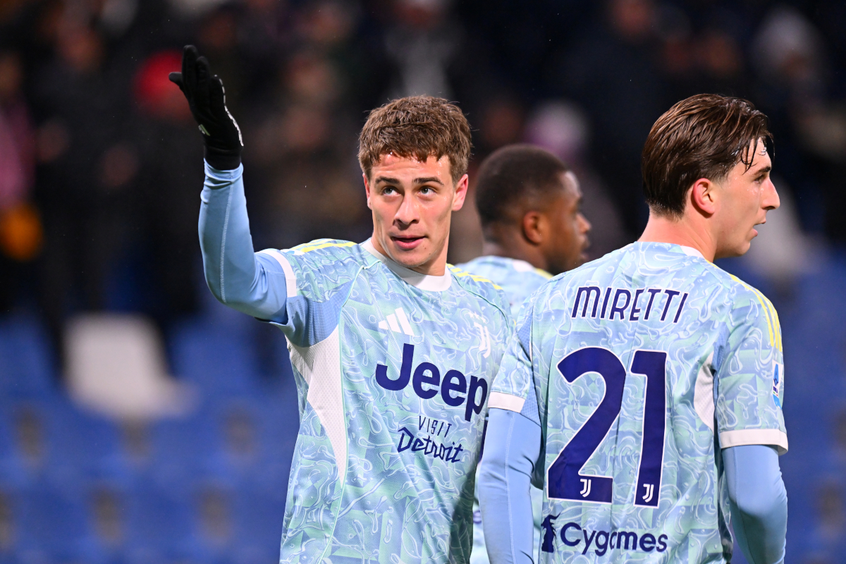 SASSUOLO, ITALY - JANUARY 06: Kenan Yildiz of Juventus celebrates his team's first goal, an own goal scored by Tarik Muharemovic of US Sassuolo Calcio during the Serie A match between US Sassuolo Calcio and Juventus FC at Mapei Stadium Citta del Tricolore on January 06, 2026 in Sassuolo, Italy. (Photo by Alessandro Sabattini/Getty Images)