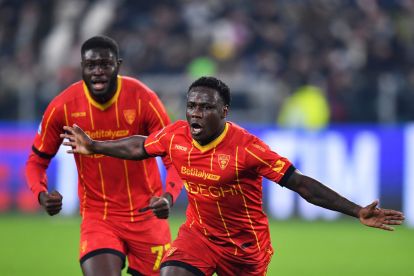 TURIN, ITALY - JANUARY 03: Lameck Banda of US Lecce celebrates scoring his team's first goal during the Serie A match between Juventus FC and US Lecce at on January 03, 2026 in Turin, Italy. (Photo by Valerio Pennicino/Getty Images)