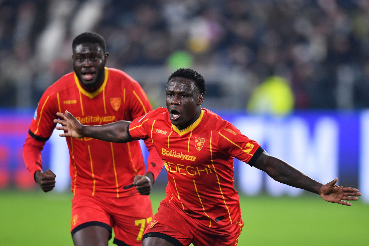 TURIN, ITALY - JANUARY 03: Lameck Banda of US Lecce celebrates scoring his team's first goal during the Serie A match between Juventus FC and US Lecce at on January 03, 2026 in Turin, Italy. (Photo by Valerio Pennicino/Getty Images)