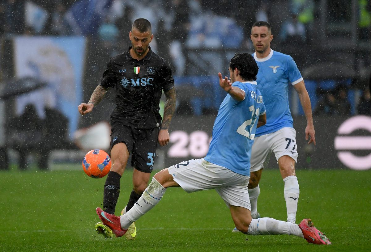 ROME, ITALY - JANUARY 04: Matteo Cancellieri of SS Lazio compete for the ball with Leonotrado Spinazzola of SSC Napoli during the Serie A match between SS Lazio and SSC Napoli at Stadio Olimpico on January 04, 2026 in Rome, Italy. (Photo by Marco Rosi - SS Lazio/Getty Images)