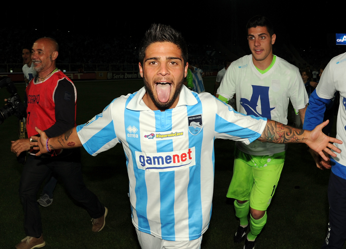 PESCARA, ITALY - MAY 26: Lorenzo Insigne of Pescara celebrates the victory after the Serie B match between Pescara Calcio and ASG Nocerina at Adriatico Stadium on May 26, 2012 in Pescara, Italy. (Photo by Giuseppe Bellini/Getty Images)