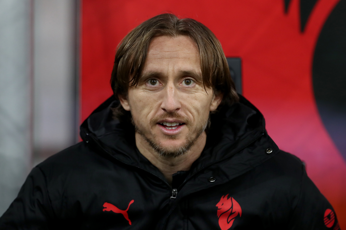 MILAN, ITALY - JANUARY 18: Luka Modric of AC Milan looks on prior to the Serie A match between AC Milan and US Lecce at Giuseppe Meazza Stadium on January 18, 2026 in Milan, Italy. (Photo by Marco Luzzani/Getty Images)