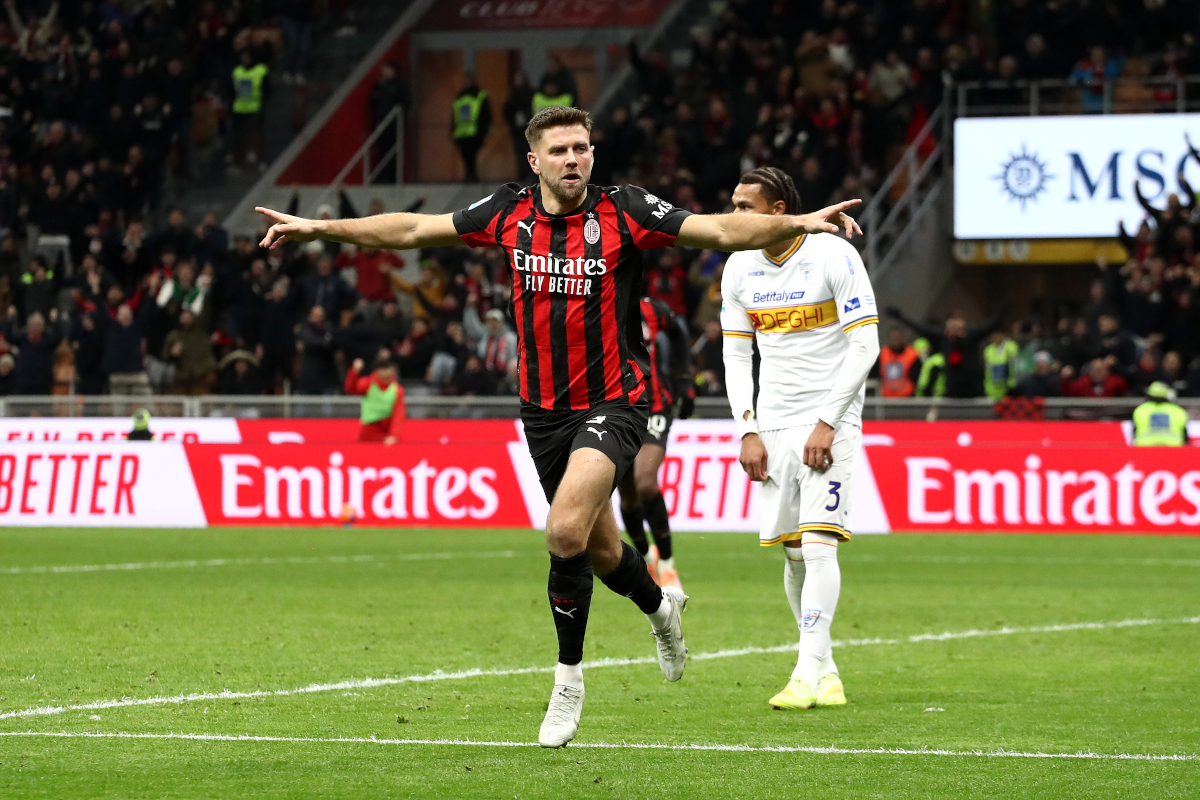 MILAN, ITALY - JANUARY 18: Niclas Fullkrug of AC Milan celebrates scoring his team's first goal during the Serie A match between AC Milan and US Lecce at Giuseppe Meazza Stadium on January 18, 2026 in Milan, Italy. (Photo by Marco Luzzani/Getty Images)
