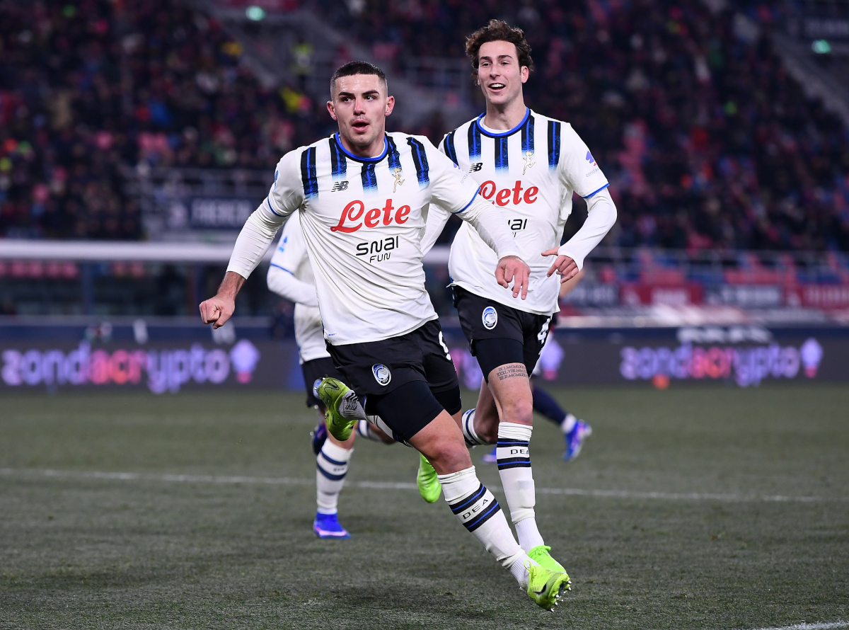 BOLOGNA, ITALY - JANUARY 07: Nikola Krstovic of Atalanta celebrates scoring his team's first goal during the Serie A match between Bologna FC 1909 and Atalanta BC at Renato Dall'Ara Stadium on January 07, 2026 in Bologna, Italy. (Photo by Alessandro Sabattini/Getty Images)