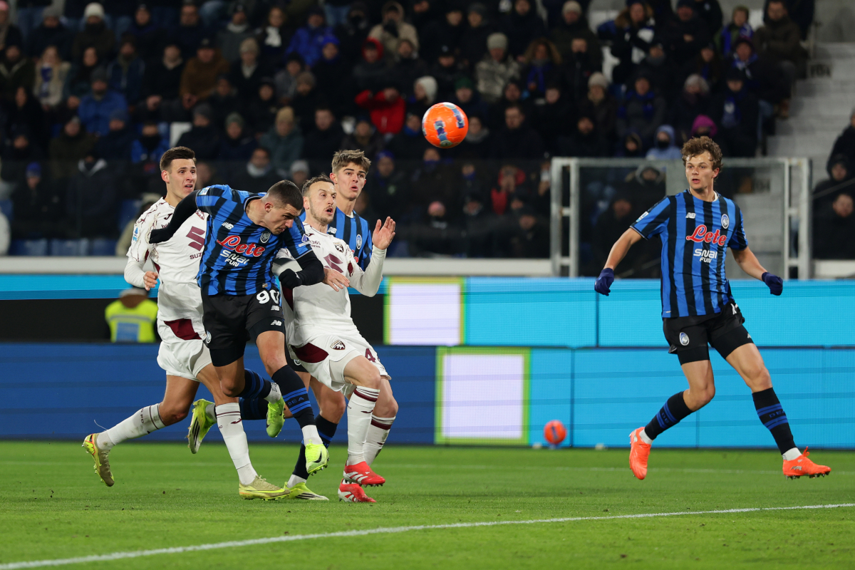 BERGAMO, ITALY - JANUARY 10: Nikola Krstovic of Atalanta BC header during the Serie A match between Atalanta BC and Torino FC at Gewiss Stadium on January 10, 2026 in Bergamo, Italy. (Photo by Francesco Scaccianoce/Getty Images)