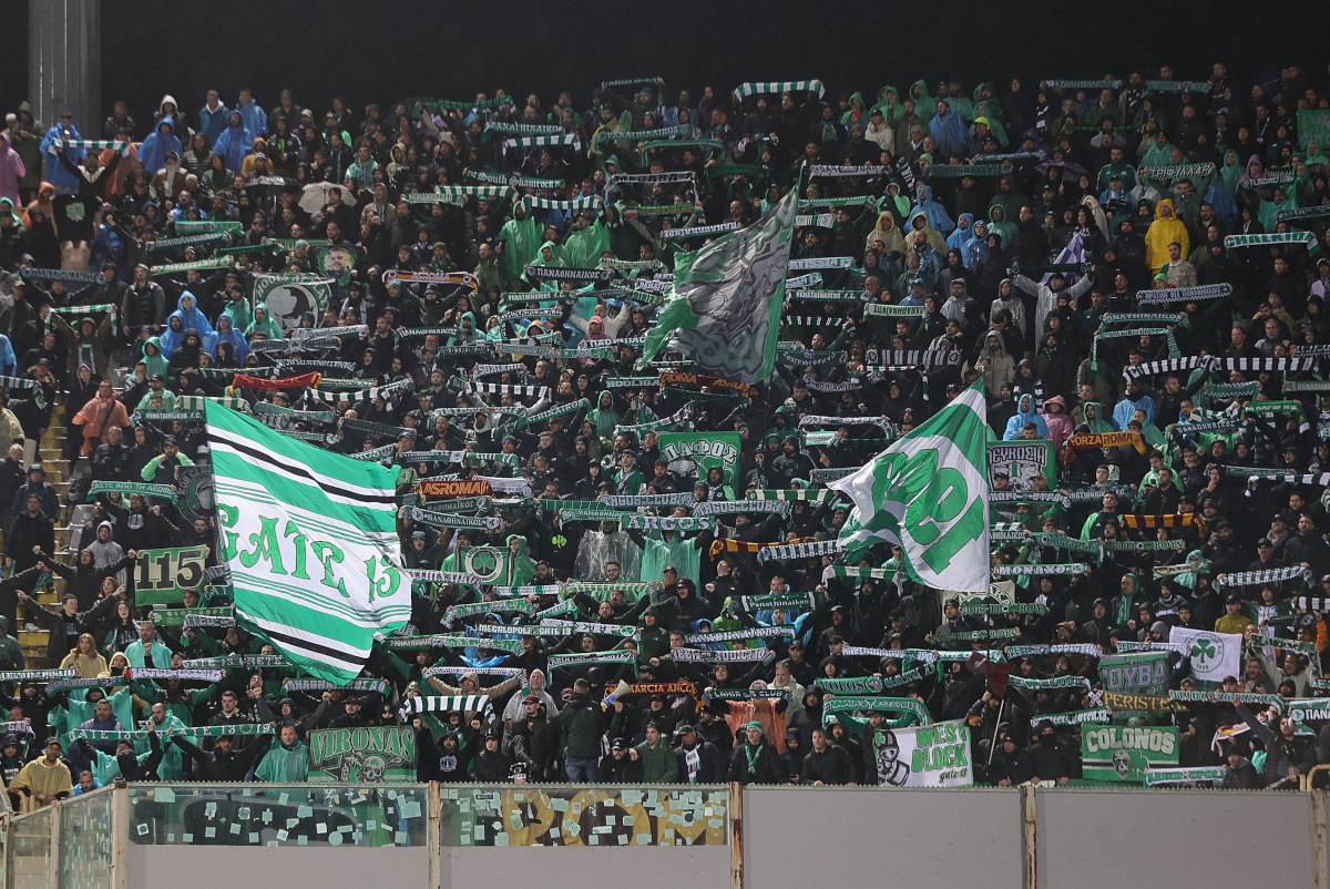 FLORENCE, ITALY - MARCH 13: Fans of Panathinaikos during the UEFA Conference League 2024/25 Round of 16 Second Leg match between ACF Fiorentina and Panathinaikos FC at Stadio Artemio Franchi on March 13, 2025 in Florence, Italy. (Photo by Gabriele Maltinti/Getty Images)