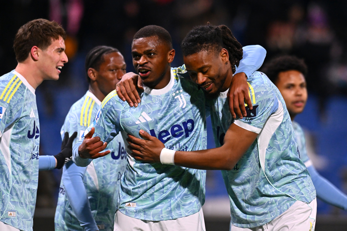 SASSUOLO, ITALY - JANUARY 06: Pierre Kalulu of Juventus celebrates his team's first goal, an own goal scored by Tarik Muharemovic of US Sassuolo Calcio during the Serie A match between US Sassuolo Calcio and Juventus FC at Mapei Stadium Citta del Tricolore on January 06, 2026 in Sassuolo, Italy. (Photo by Alessandro Sabattini/Getty Images)
