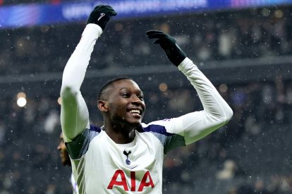 FRANKFURT AM MAIN, GERMANY - JANUARY 28: Randal Kolo Muani of Tottenham Hotspur celebrates scoring his team's first goal during the UEFA Champions League 2025/26 League Phase MD8 match between Eintracht Frankfurt and Tottenham Hotspur at Frankfurt Stadion on January 28, 2026 in Frankfurt am Main, Germany. (Photo by Alex Grimm/Getty Images)