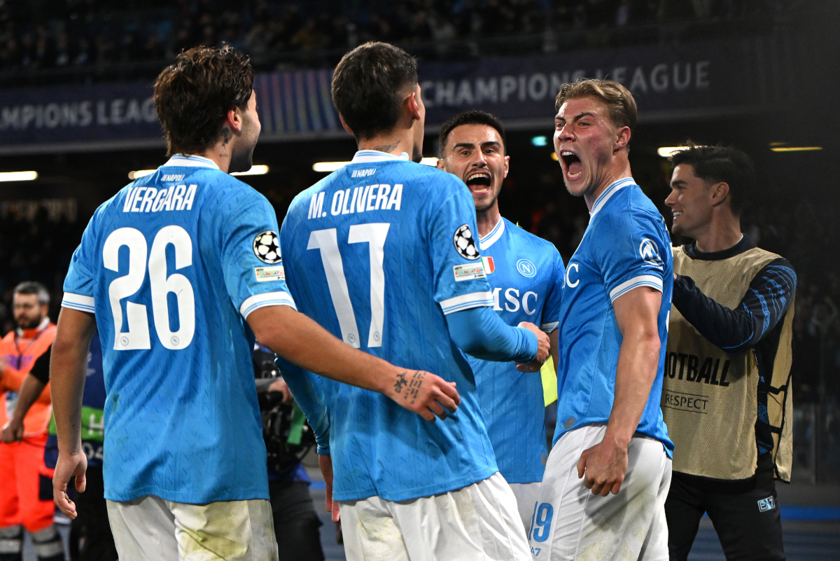 NAPLES, ITALY - JANUARY 28: Rasmus Hojlund of SSC Napoli celebrates with teammates after scoring his team's second goal during the UEFA Champions League 2025/26 League Phase MD8 match between SSC Napoli and Chelsea FC at Stadio Diego Armando Maradona on January 28, 2026 in Naples, Italy. (Photo by Francesco Pecoraro/Getty Images)