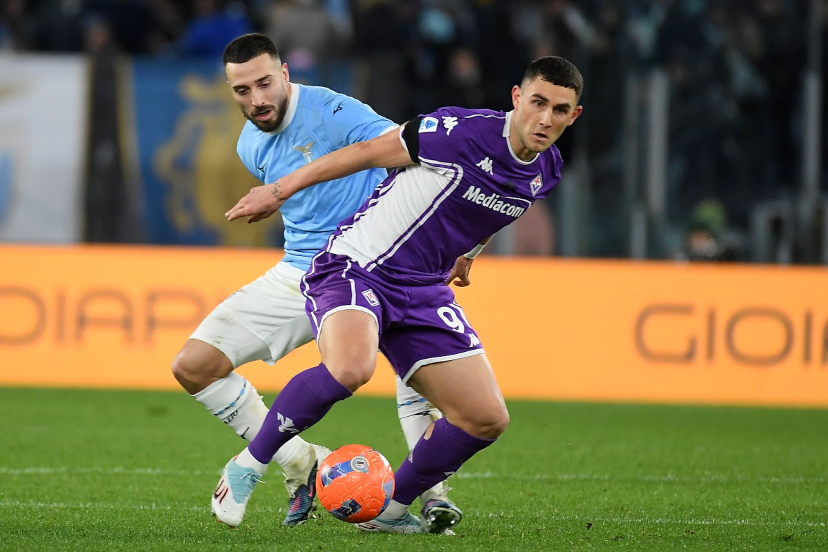 ROME, ITALY - JANUARY 07: Mario Gila of SS Lazio compete for the ball with Roberto Piccoli of ACF Fiorentina during the Serie A match between SS Lazio and ACF Fiorentina at Stadio Olimpico on January 07, 2026 in Rome, Italy. (Photo by Marco Rosi - SS Lazio/Getty Images)