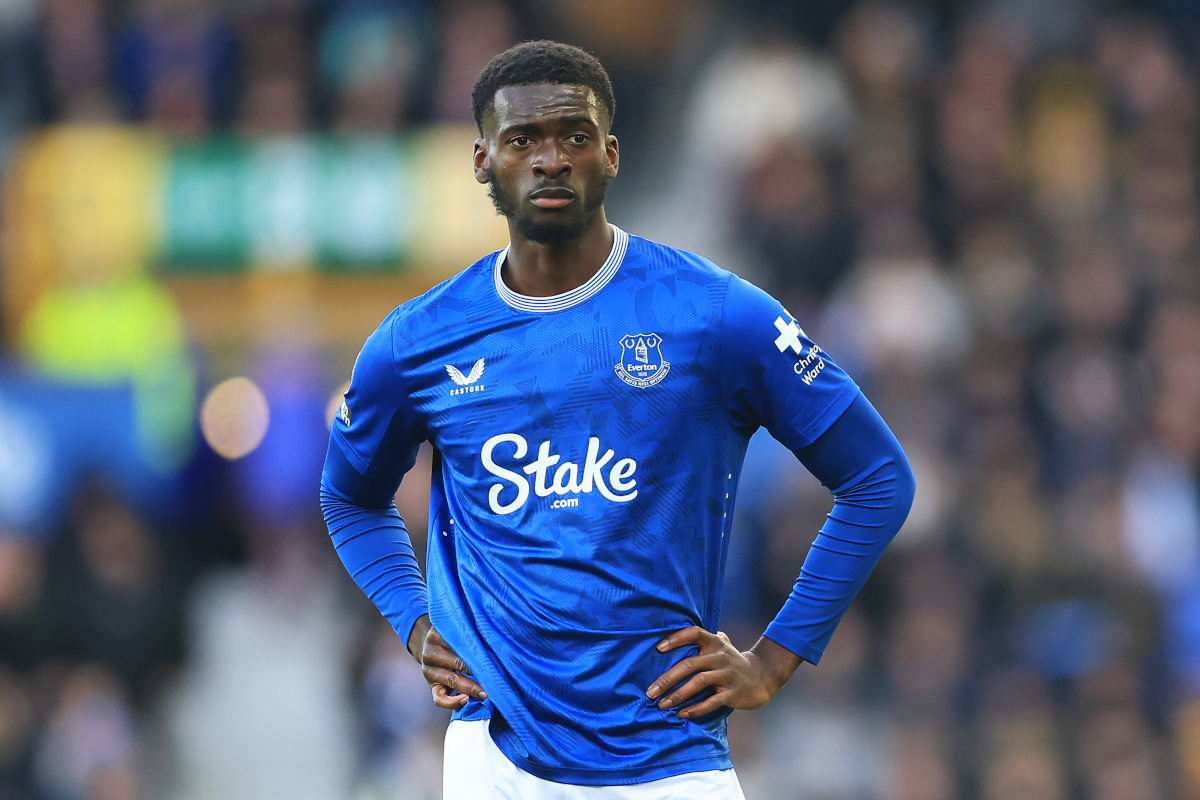 LIVERPOOL, ENGLAND - MARCH 15: Tim Iroegbunam of Everton reacts during the Premier League match between Everton FC and West Ham United FC at Goodison Park on March 15, 2025 in Liverpool, England. (Photo by Carl Recine/Getty Images)