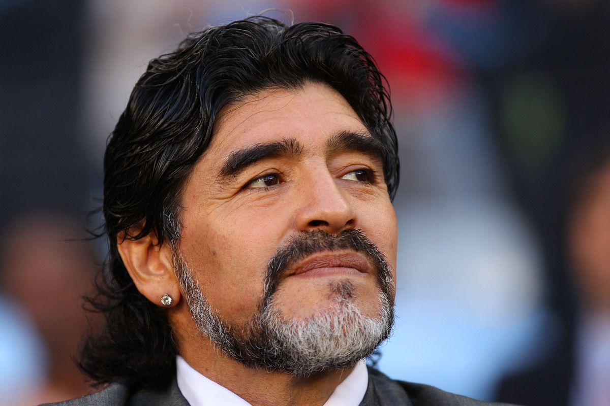 CAPE TOWN, SOUTH AFRICA - JULY 03:  Diego Maradona head coach of Argentina looks on prior to the 2010 FIFA World Cup South Africa Quarter Final match between Argentina and Germany at Green Point Stadium on July 3, 2010 in Cape Town, South Africa.  (Photo by Cameron Spencer/Getty Images)