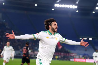 ROME, ITALY - JANUARY 13: Mario Hermoso of AS Roma celebrates after scoring the team's first goal during the Coppa Italia match between AS Roma and Torino FC at Olimpico Stadium on January 13, 2026 in Rome, Italy. (Photo by Paolo Bruno/Getty Images)