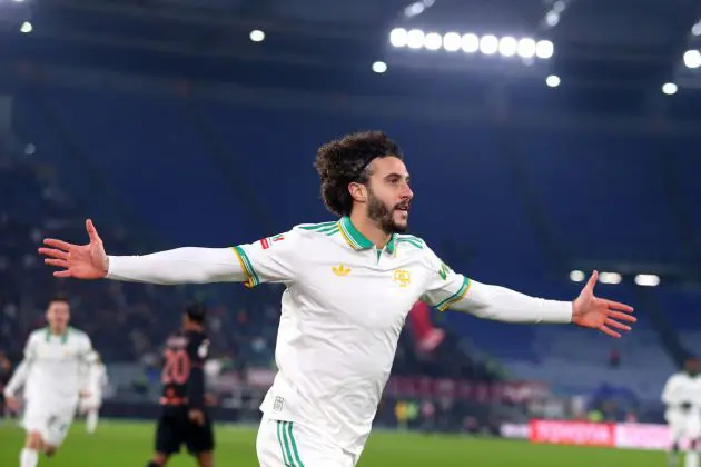 ROME, ITALY - JANUARY 13: Mario Hermoso of AS Roma celebrates after scoring the team's first goal during the Coppa Italia match between AS Roma and Torino FC at Olimpico Stadium on January 13, 2026 in Rome, Italy. (Photo by Paolo Bruno/Getty Images)