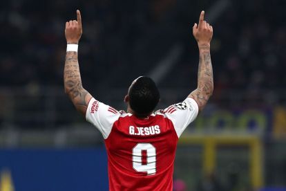 MILAN, ITALY - JANUARY 20: Gabriel Jesus of Arsenal FC celebrates after scoring their team's secons goal during the UEFA Champions League 2025/26 League Phase MD7 match between FC Internazionale Milano and Arsenal FC at Stadio San Siro on January 20, 2026 in Milan, Italy. (Photo by Marco Luzzani/Getty Images)
