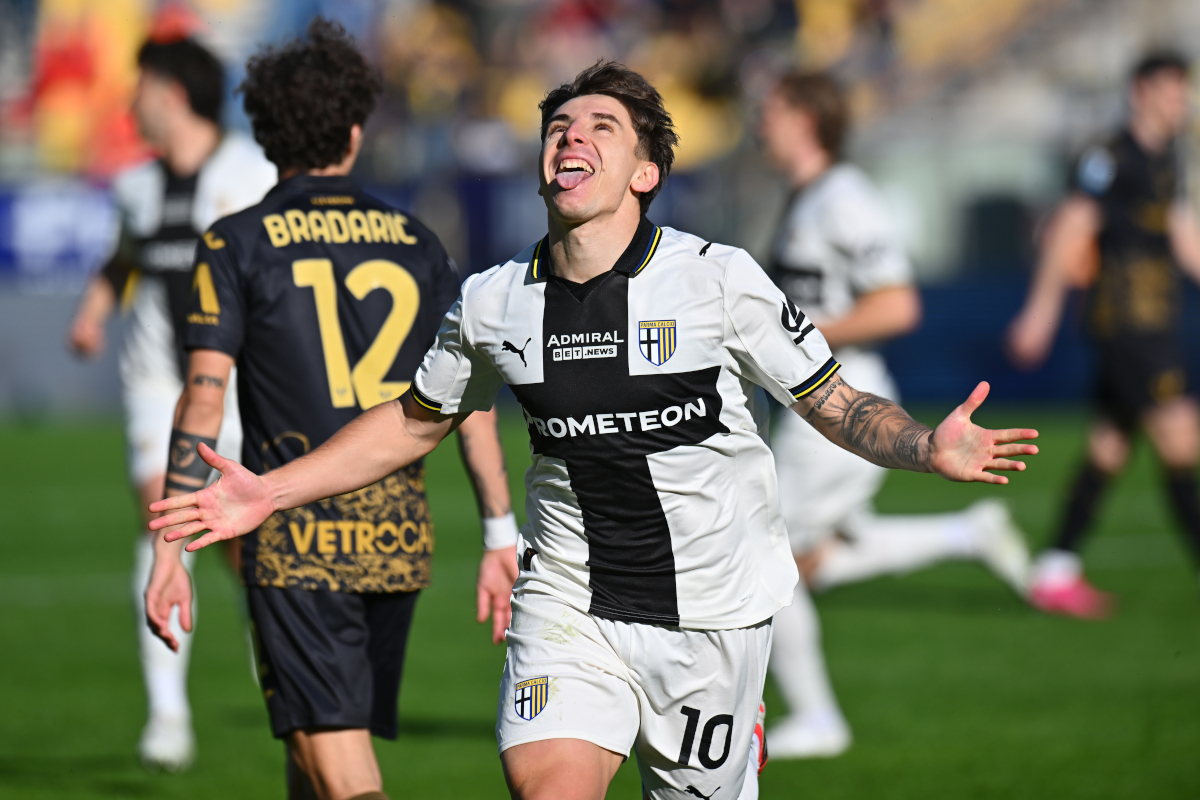 PARMA, ITALY - FEBRUARY 15: Adrian Bernabe of Parma Calcio celebrates after scoring the opening goal during the Serie A match between Parma Calcio 1913 and Hellas Verona FC at Stadio Ennio Tardini on February 15, 2026 in Parma, Italy. (Photo by Alessandro Sabattini/Getty Images)