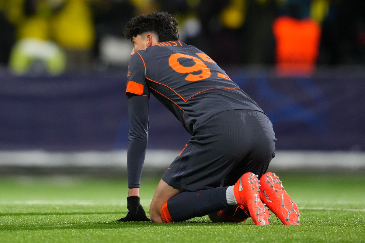 BODO, NORWAY - FEBRUARY 18: Alessandro Bastoni of FC Internazionale Milano reacts after Kasper Hogh of Bodo/Glimt (not pictured) scores his team's third goal during the UEFA Champions League 2025/26 League Knockout Play-off First Leg match between FK Bodo/Glimt and FC Internazionale Milano at Aspmyra Stadion on February 18, 2026 in Bodo, Norway. (Photo by Martin Ole Wold/Getty Images)