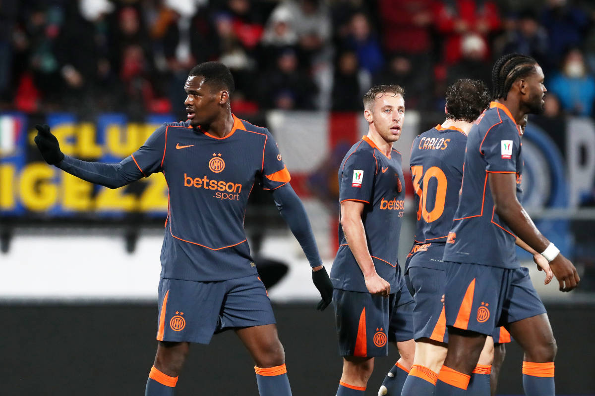 MONZA, ITALY - FEBRUARY 04: Ange-Yoan Bonny of FC Internazionale Milano celebrates scoring his team's first goal during the Coppa Italia Quarter-Final match between FC Internazionale and Torino at U-Power Stadium on February 04, 2026 in Monza, Italy. (Photo by Marco Luzzani/Getty Images)