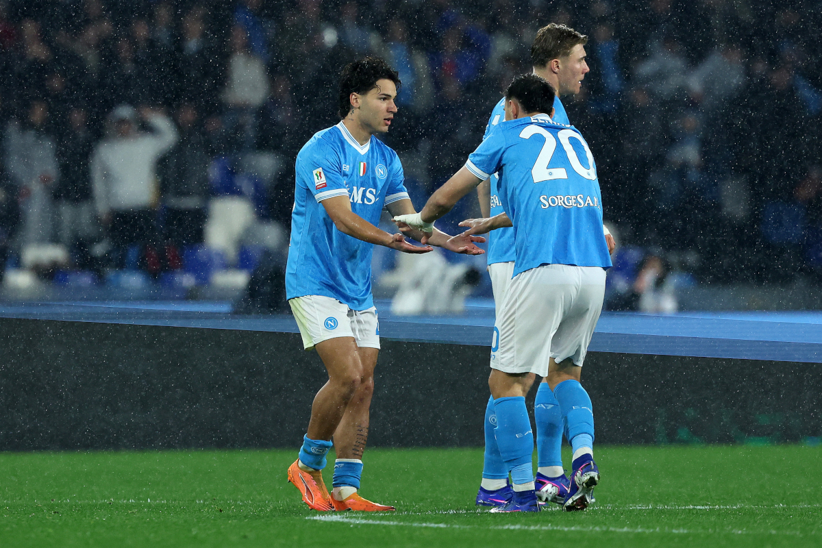 NAPLES, ITALY - FEBRUARY 10: Antonio Vergara of SSC Napoli celebrates with teammates after scoring his team's first goal during the Coppa Italia match between SSC Napoli and Como 1907 at Stadio Diego Armando Maradona on February 10, 2026 in Naples, Italy. (Photo by Francesco Pecoraro/Getty Images)