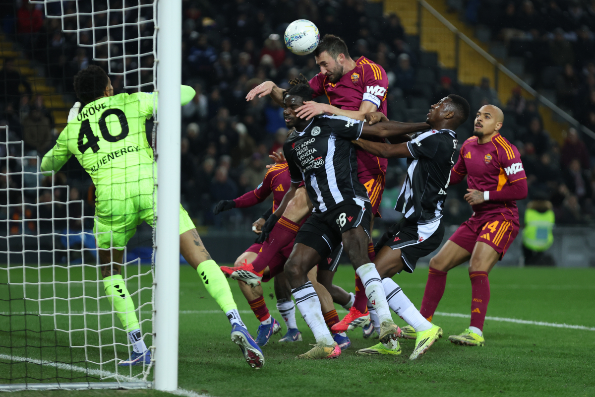 UDINE, ITALY - FEBRUARY 02: Bryan Cristante of Roma scores a goal which is ruled out during the Serie A match between Udinese Calcio and AS Roma at Stadio Friuli on February 02, 2026 in Udine, Italy. (Photo by Timothy Rogers/Getty Images)
