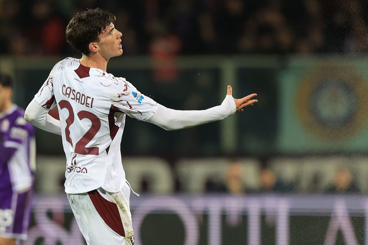 FLORENCE, ITALY - FEBRUARY 7: Cesare Casadei of Torino FC celebrates after scoring a goal during the Serie A match between ACF Fiorentina and Torino FC at Artemio Franchi on February 7, 2026 in Florence, Italy. (Photo by Gabriele Maltinti/Getty Images)