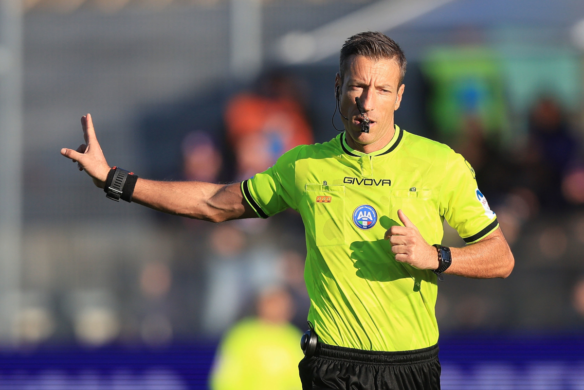 FLORENCE, ITALY - JANUARY 11: Davide Massa referee reacts during the Serie A match between ACF Fiorentina and AC Milan at Artemio Franchi on January 11, 2026 in Florence, Italy. (Photo by Gabriele Maltinti/Getty Images)