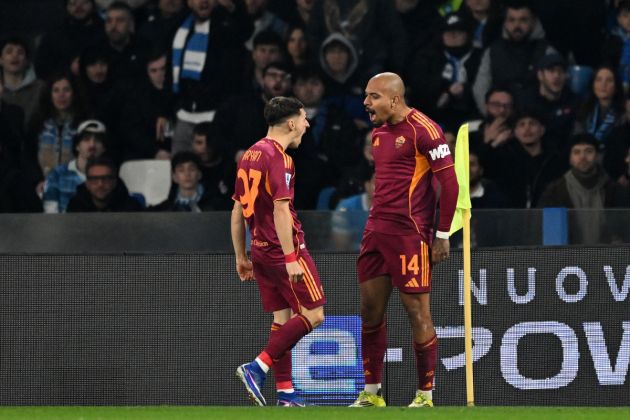 NAPLES, ITALY - FEBRUARY 15: Donyell Malen of AS Roma celebrates after scoring his side first goal during the Serie A match between SSC Napoli and AS Roma at Stadio Diego Armando Maradona on February 15, 2026 in Naples, Italy. (Photo by Francesco Pecoraro/Getty Images)