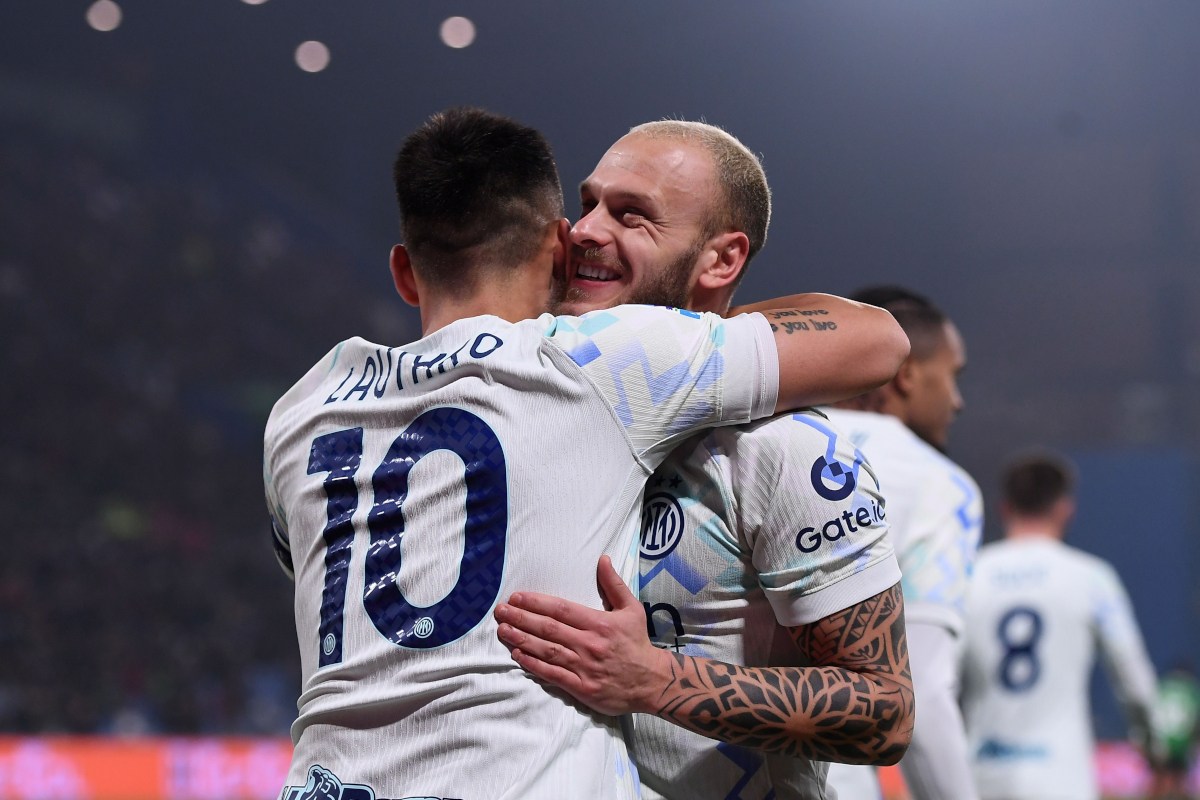 SASSUOLO, ITALY - FEBRUARY 08: Lautaro Martinez of FC Internazionale celebrates after scoring his team third goal during the Serie A match between US Sassuolo Calcio and FC Internazionale at Mapei Stadium Citta del Tricolore on February 08, 2026 in Sassuolo, Italy. (Photo by Alessandro Sabattini/Getty Images)