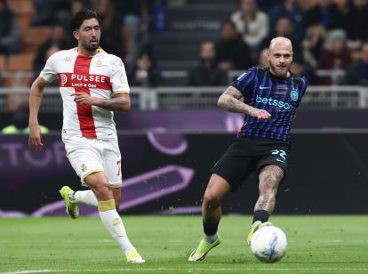 MILAN, ITALY - FEBRUARY 28: Federico Dimarco of FC Internazionale scores their team's first goal during the Serie A match between FC Internazionale and Genoa CFC at Giuseppe Meazza Stadium on February 28, 2026 in Milan, Italy. (Photo by Marco Luzzani/Getty Images)