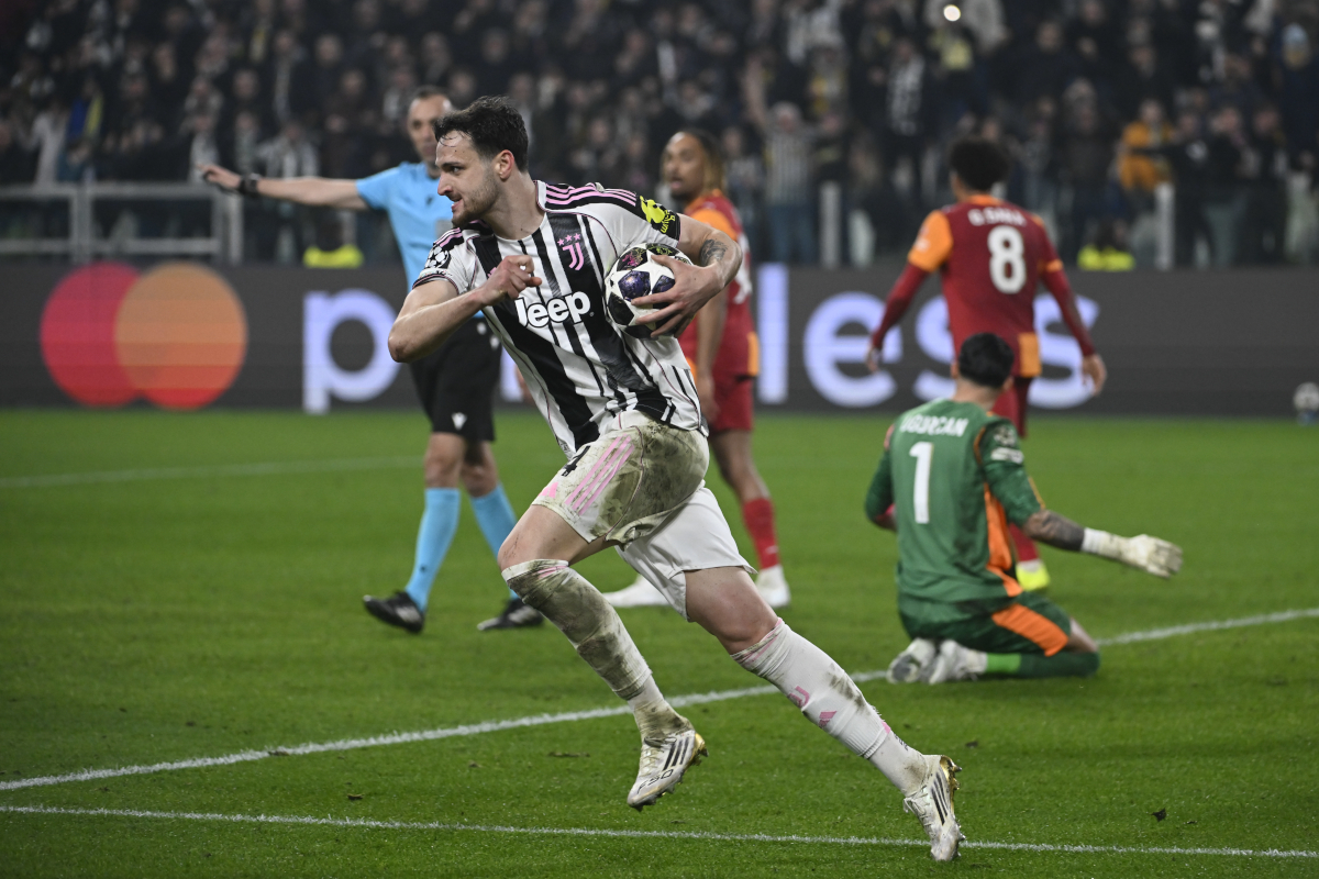 TURIN, ITALY - FEBRUARY 25: Federico Gatti of Juventus FC celebrates after scoring his team's second goal during the UEFA Champions League 2025/26 League Knockout Play-off Second Leg match between Juventus and Galatasaray A.S. at Juventus Stadium on February 25, 2026 in Turin, Italy. (Photo by Stefano Guidi/Getty Images)