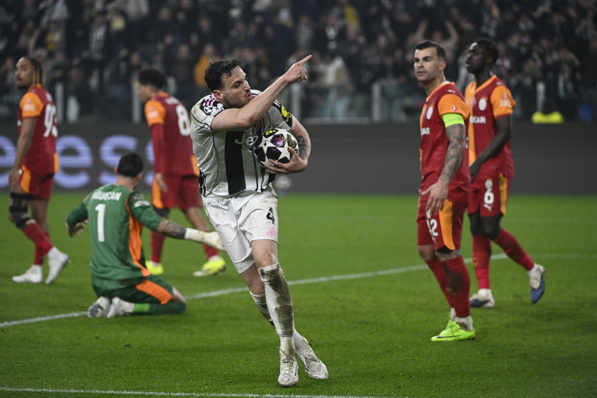 TURIN, ITALY - FEBRUARY 25: Federico Gatti of Juventus FC celebrates after scoring his team's second goal during the UEFA Champions League 2025/26 League Knockout Play-off Second Leg match between Juventus and Galatasaray A.S. at Juventus Stadium on February 25, 2026 in Turin, Italy. (Photo by Stefano Guidi/Getty Images)