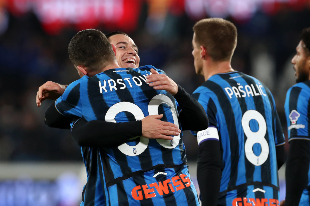 BERGAMO, ITALY - FEBRUARY 09: Nikola Krstovic of Atalanta BC celebrates with his team after scoring his sides first goal during the Serie A match between Atalanta BC and US Cremonese at Gewiss Stadium on February 09, 2026 in Bergamo, Italy. (Photo by Marco Luzzani/Getty Images)