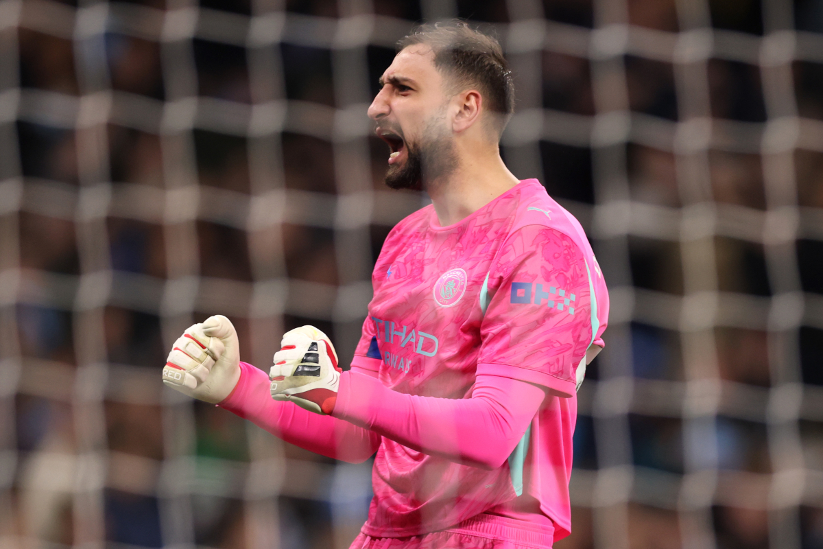 MANCHESTER, ENGLAND - FEBRUARY 21: Gianluigi Donnarumma of Manchester City celebrates his team's first goal, scored by Nico O'Reilly of Manchester City (not pictured) during the Premier League match between Manchester City and Newcastle United at Etihad Stadium on February 21, 2026 in Manchester, England. (Photo by Carl Recine/Getty Images)