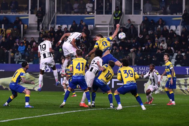 PARMA, ITALY - FEBRUARY 01: Bremer of Juventus scores his team's first goal during the Serie A match between Parma Calcio 1913 and Juventus FC at Stadio Ennio Tardini on February 01, 2026 in Parma, Italy. (Photo by Alessandro Sabattini/Getty Images)