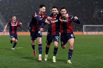 BOLOGNA, ITALY - FEBRUARY 26: Joao Mario of Bologna celebrates scoring his team's first goal with teammates Nikola Moro and Martin Vitik during the UEFA Europa League 2025/26 Knockout Play-off Second Leg match between Bologna FC 1909 and SK Brann at Stadio Renato Dall'Ara on February 26, 2026 in Bologna, Italy. (Photo by Alessandro Sabattini/Getty Images)