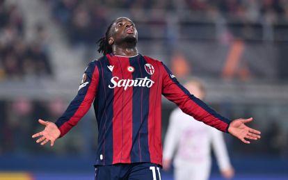 BOLOGNA, ITALY - FEBRUARY 26: Jonathan Rowe of Bologna reacts during the UEFA Europa League 2025/26 Knockout Play-off Second Leg match between Bologna FC 1909 and SK Brann at Stadio Renato Dall'Ara on February 26, 2026 in Bologna, Italy. (Photo by Alessandro Sabattini/Getty Images)