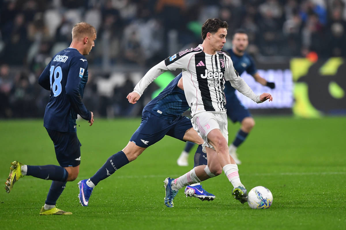 TURIN, ITALY - FEBRUARY 08: Kenan Yildiz of Juventus FC is challenged during the Serie A match between Juventus FC and SS Lazio at Allianz Stadium on February 8, 2026 in Turin, Italy. (Photo by Valerio Pennicino/Getty Images)