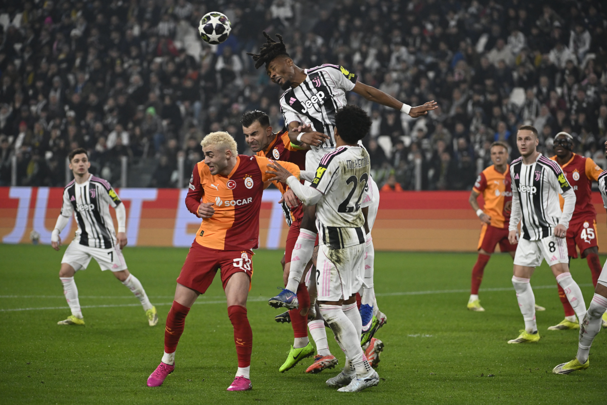 TURIN, ITALY - FEBRUARY 25: Khephren Thuram of Juventus FC head the ball during the UEFA Champions League 2025/26 League Knockout Play-off Second Leg match between Juventus and Galatasaray A.S. at Juventus Stadium on February 25, 2026 in Turin, Italy. (Photo by Stefano Guidi/Getty Images)