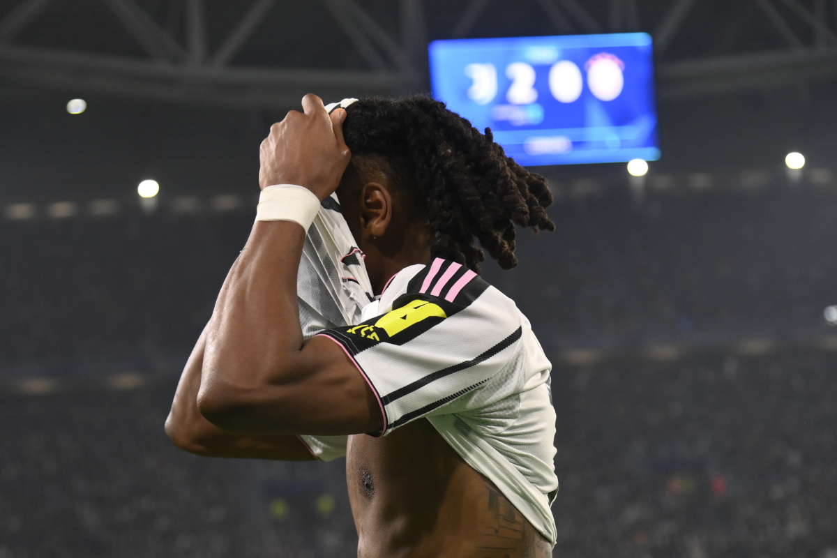 TURIN, ITALY - FEBRUARY 25: Khephren Thuram of Juventus FC reacts during the UEFA Champions League 2025/26 League Knockout Play-off Second Leg match between Juventus and Galatasaray A.S. at Juventus Stadium on February 25, 2026 in Turin, Italy. (Photo by Stefano Guidi/Getty Images)